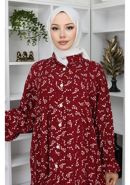 Viskon Kumaş Desenli Elbise 2048-04 Bordo modelleri