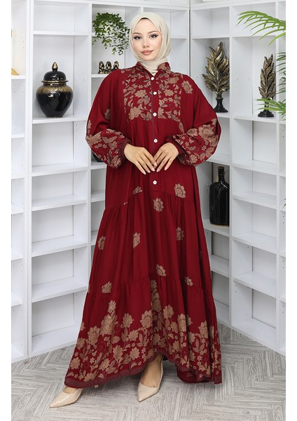 Viskon Kumaş Desenli Elbise 2045-02 Bordo