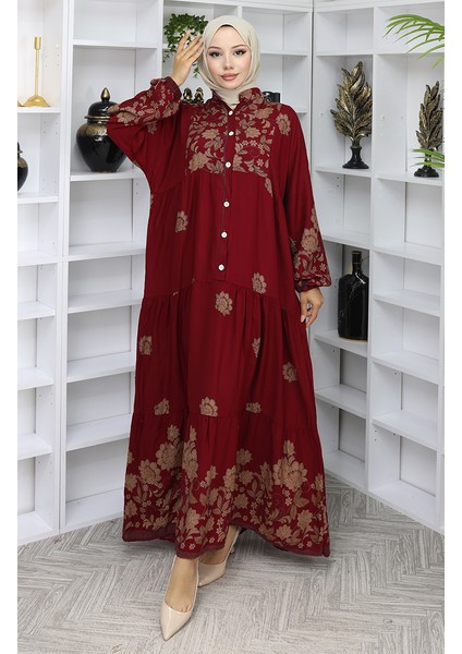 Viskon Kumaş Desenli Elbise 2045-02 Bordo fiyatları
