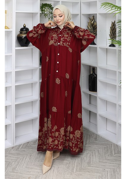 Viskon Kumaş Desenli Elbise 2045-02 Bordo modelleri