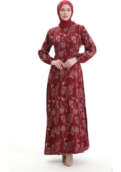 Kolu Lastikli Desenli Elbise 2046-02 Bordo