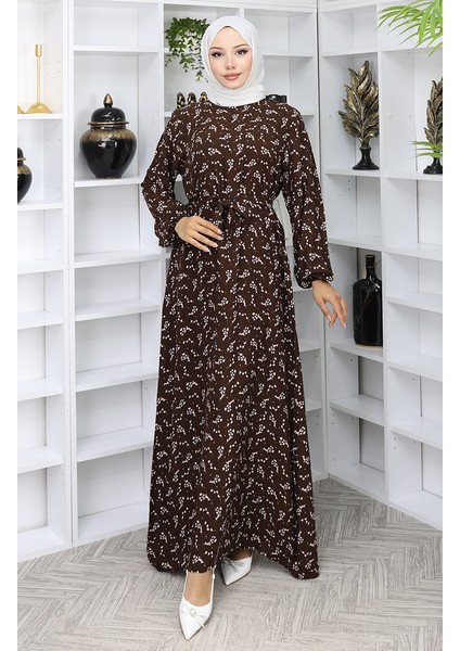 Desenli Kuşaklı Elbise 2049-05 Kahverengi