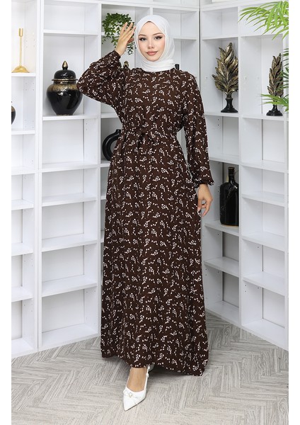 Desenli Kuşaklı Elbise 2049-05 Kahverengi fiyatları