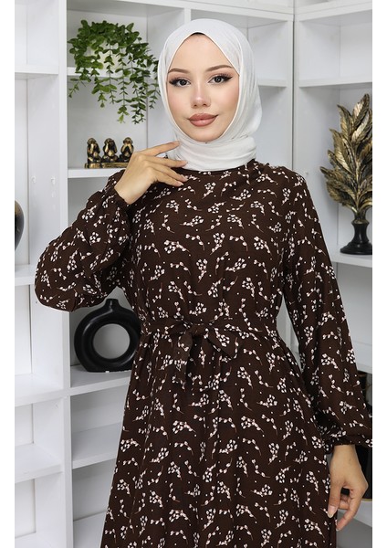 Desenli Kuşaklı Elbise 2049-05 Kahverengi modelleri