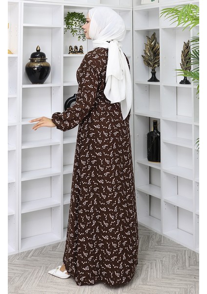 Desenli Kuşaklı Elbise 2049-05 Kahverengi indirimleri