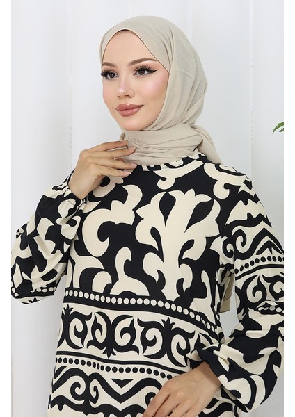 Viskon Kumaş Desenli Elbise 0057-01 Siyah Bej modelleri