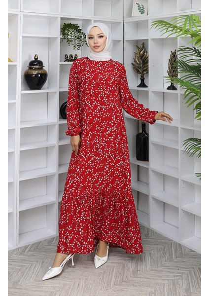 Viskon Kumaş Desenli Elbise 0065-03 Kırmızı