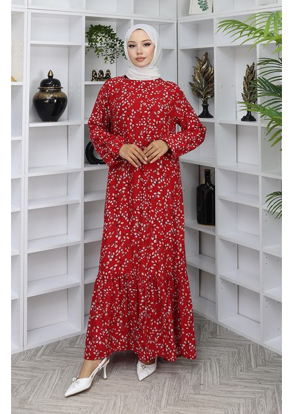 Viskon Kumaş Desenli Elbise 0065-03 Kırmızı fiyatları
