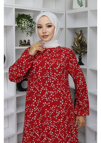 Viskon Kumaş Desenli Elbise 0065-03 Kırmızı modelleri