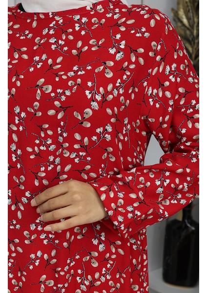 Viskon Kumaş Desenli Elbise 0065-03 Kırmızı fırsatları