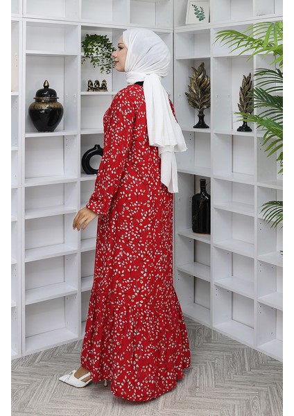 Viskon Kumaş Desenli Elbise 0065-03 Kırmızı indirimleri