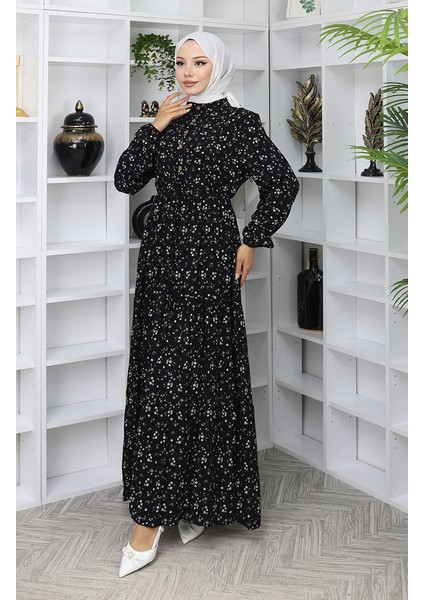 Viskon Kumaş Yarım Düğmeli Elbise 0067-04 Siyah