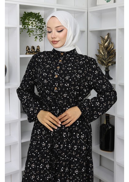 Viskon Kumaş Yarım Düğmeli Elbise 0067-04 Siyah modelleri