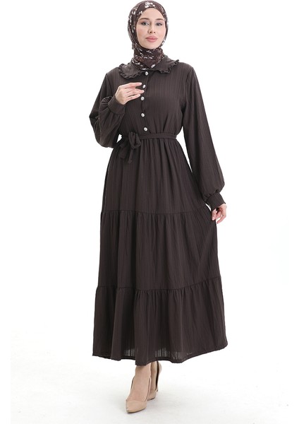 Yarım Düğmeli Büzgülü Elbise 2042-02 Kahverengi