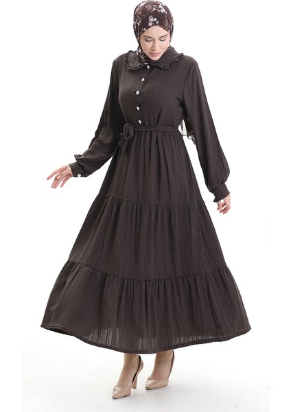 Yarım Düğmeli Büzgülü Elbise 2042-02 Kahverengi modelleri