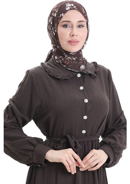 Yarım Düğmeli Büzgülü Elbise 2042-02 Kahverengi fırsatları