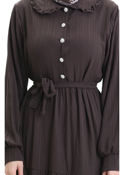 Yarım Düğmeli Büzgülü Elbise 2042-02 Kahverengi indirimleri