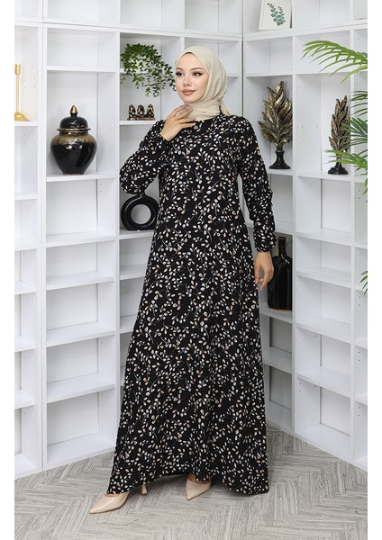 Viskon Kumaş Desenli Elbise 0055-02 Siyah
