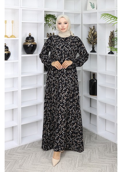 Viskon Kumaş Desenli Elbise 0055-02 Siyah fiyatları