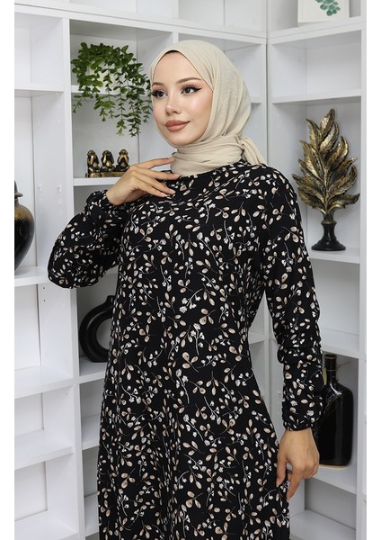 Viskon Kumaş Desenli Elbise 0055-02 Siyah modelleri