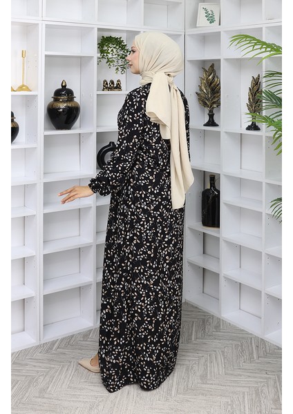 Viskon Kumaş Desenli Elbise 0055-02 Siyah indirimleri