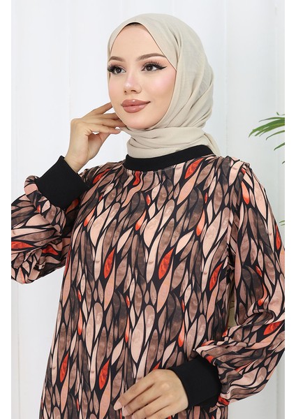 Şifon Kumaş Yaprak Desenli Elbise 0054-03 Siyah modelleri