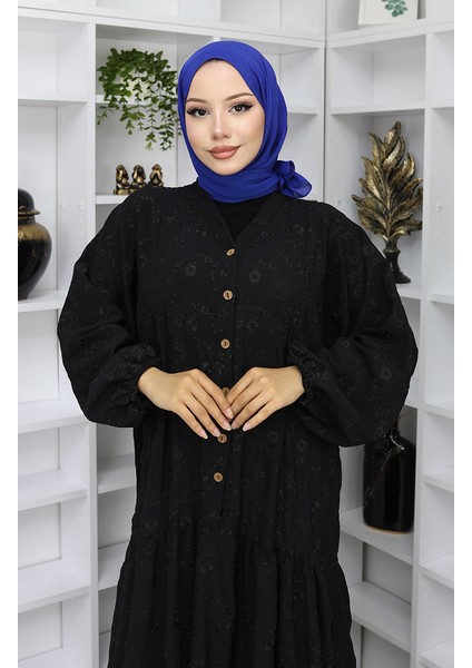 Nakış Işlemeli Yarım Düğmeli Elbise 0059-04 Siyah modelleri