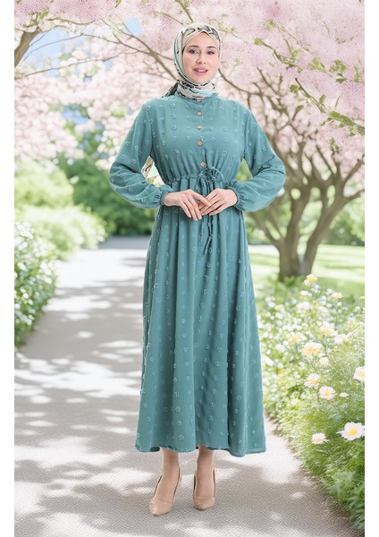 Viskon Kumaş Yarım Düğmeli Elbise 0064-02 Çağla Yeşili