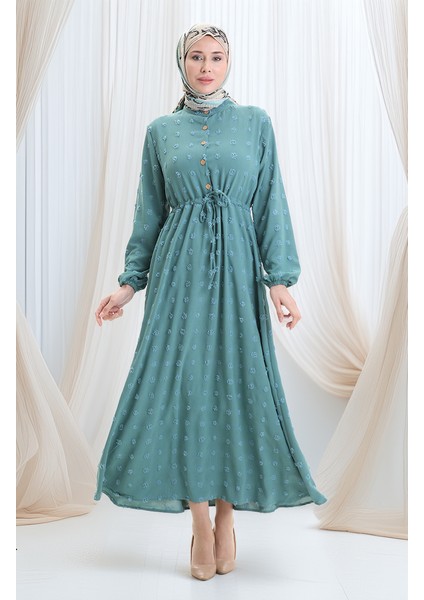 Viskon Kumaş Yarım Düğmeli Elbise 0064-02 Çağla Yeşili modelleri