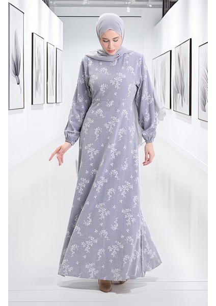 Kolu Lastikli Desenli Elbise 2047-03 Açık Gri