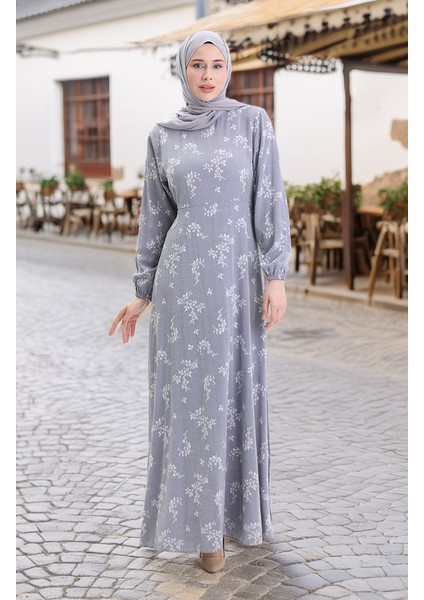 Kolu Lastikli Desenli Elbise 2047-03 Açık Gri fiyatları