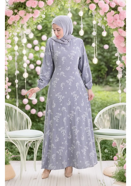 Kolu Lastikli Desenli Elbise 2047-03 Açık Gri modelleri