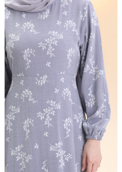 Kolu Lastikli Desenli Elbise 2047-03 Açık Gri indirimleri