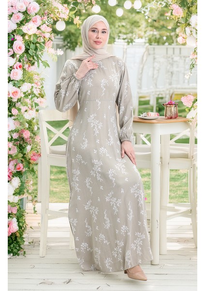 Kolu Lastikli Desenli Elbise 2047-04 Çağla Yeşili