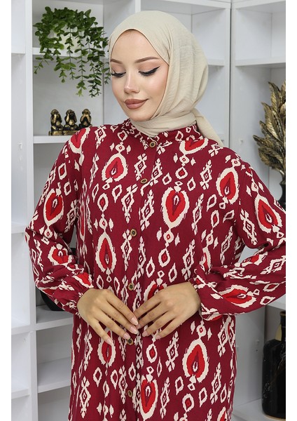 Viskon Kumaş Boydan Düğmeli Elbise 2050-02 Bordo modelleri