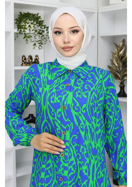 Viskon Kumaş Boydan Düğmeli Desenli Tunik 0072-01 Saks Yeşil modelleri