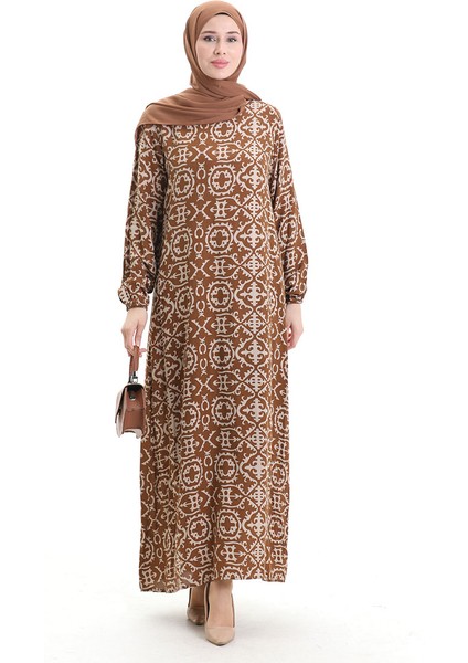 Viskon Kumaş Desenli Elbise 0036-04 Sütlü Kahve