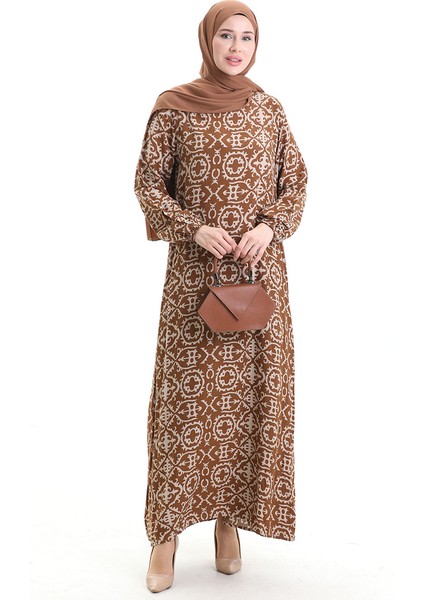 Viskon Kumaş Desenli Elbise 0036-04 Sütlü Kahve fiyatları