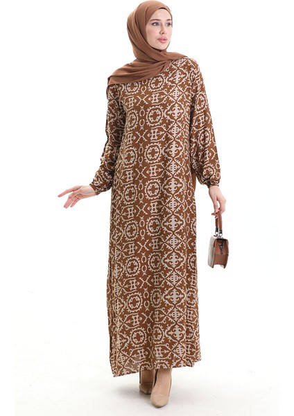 Viskon Kumaş Desenli Elbise 0036-04 Sütlü Kahve modelleri
