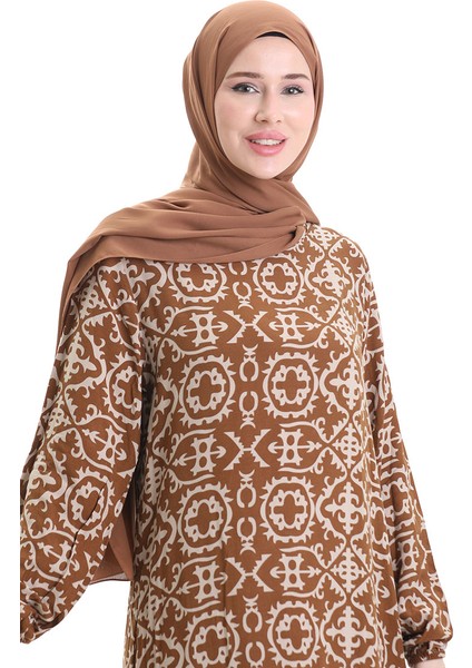 Viskon Kumaş Desenli Elbise 0036-04 Sütlü Kahve fırsatları