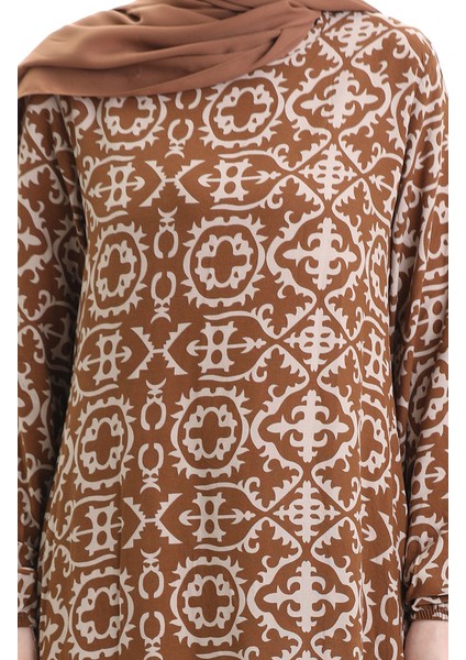 Viskon Kumaş Desenli Elbise 0036-04 Sütlü Kahve indirimleri