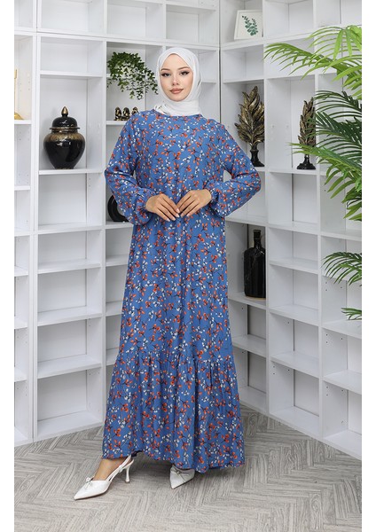 Viskon Kumaş Desenli Elbise 0065-01 Indigo
