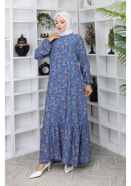 Viskon Kumaş Desenli Elbise 0065-01 Indigo fiyatları