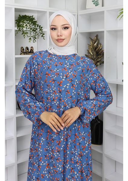Viskon Kumaş Desenli Elbise 0065-01 Indigo modelleri