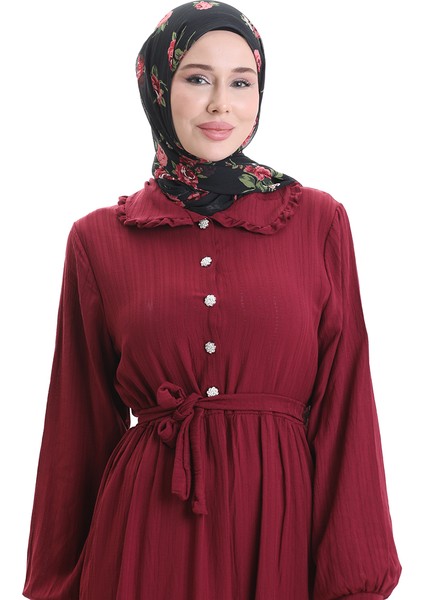 Yarım Düğmeli Büzgülü Elbise 2042-03 Bordo modelleri