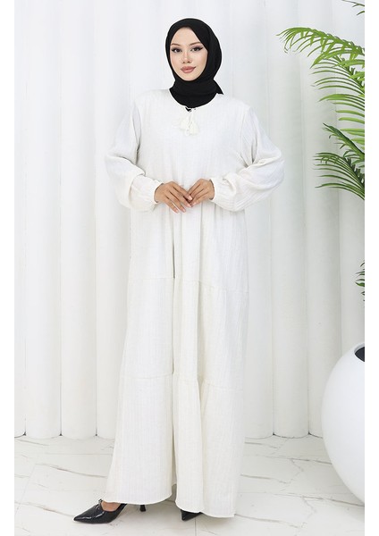 Viskon Keten Elbise 4079-01 Ekru