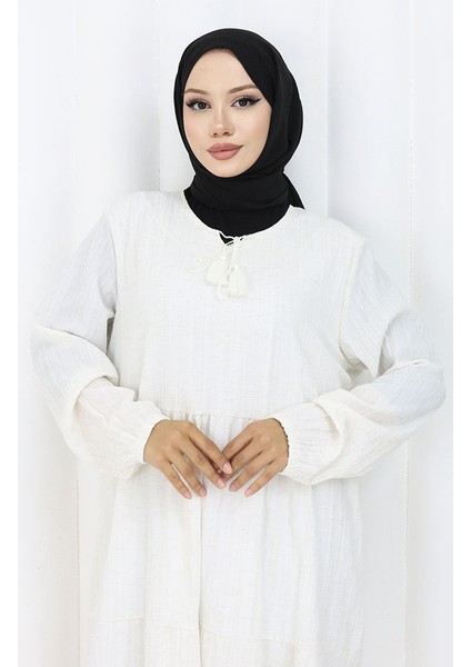 Viskon Keten Elbise 4079-01 Ekru fırsatları