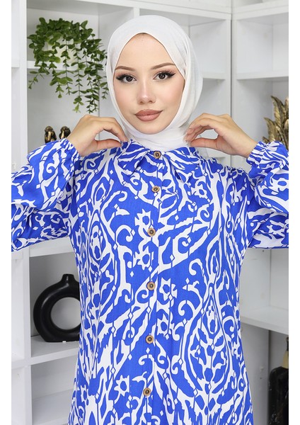 Viskon Kumaş Boydan Düğmeli Desenli Tunik 0072-02 Saks Beyaz modelleri
