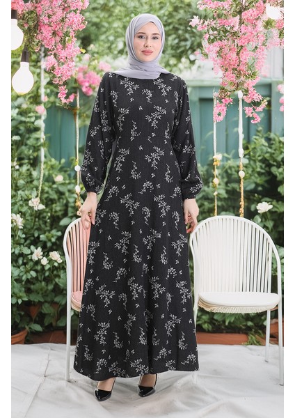 Kolu Lastikli Desenli Elbise 2047-02 Siyah