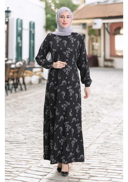 Kolu Lastikli Desenli Elbise 2047-02 Siyah fiyatları
